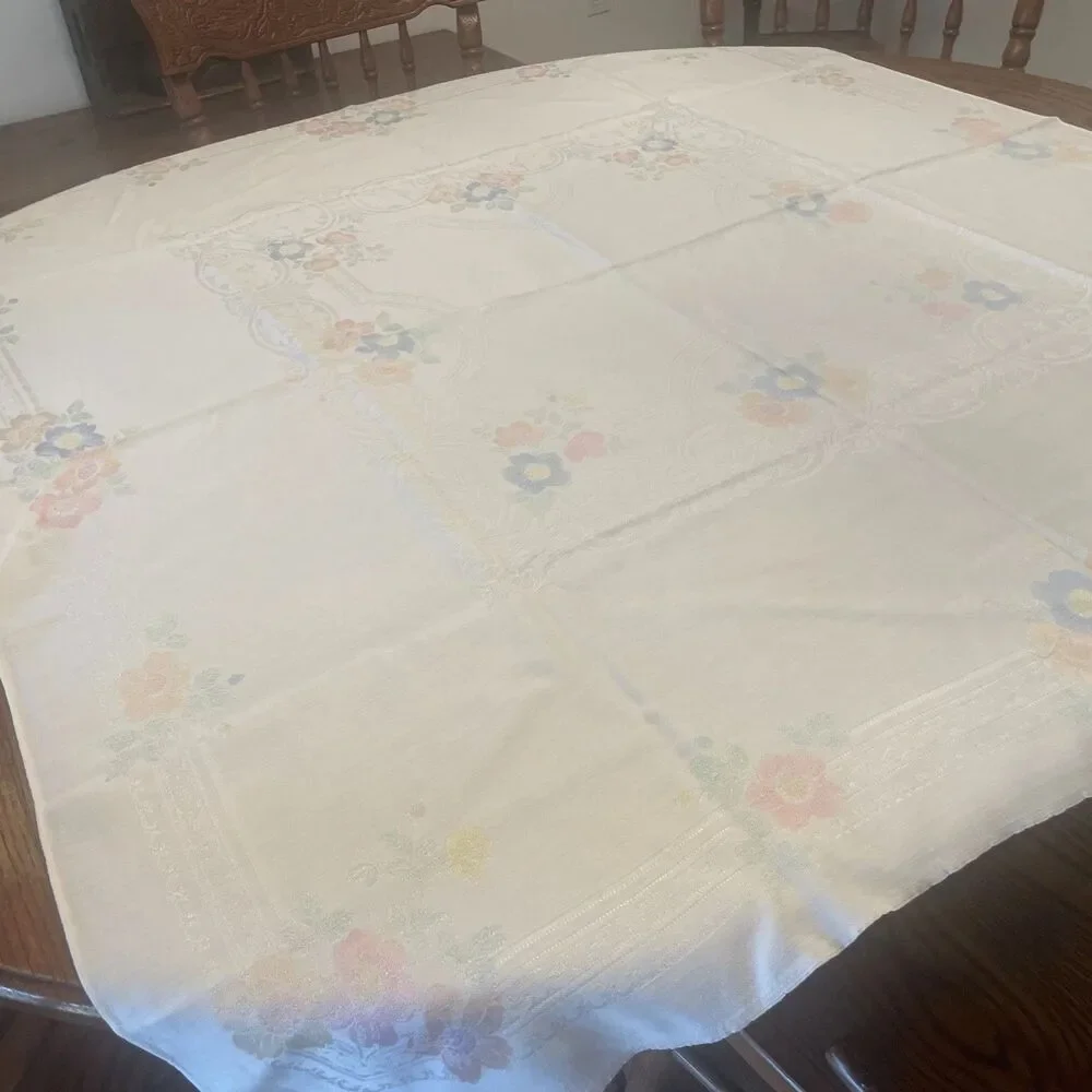 Vintage White Damask w/ Pink Blue Peach Green Floral Tablecloth 51”x47” Cottage